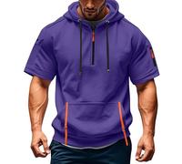 Generisch T-shirt à capuche pour homme avec fermeture éclair 1/4 - Manches courtes - Sweat à capuche pour homme - Entraînement - Gym - Pull d'été - Couleur unie - Respirant - Séchage rapide - T-shirt