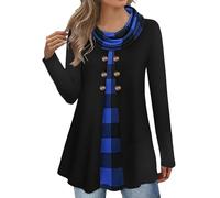 Generisch T-shirt à manches longues pour femme avec col en cascade, tunique chaude avec boutonnière, vêtements décontractés élégants pour la mode, bleu, XL