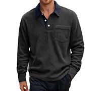 Generisch T-shirt à manches longues pour homme avec col rond Baggy Corduroy Polo avec boutons Rever T-shirt à manches longues Pull de sport en velours côtelé avec poche poitrine Pull de travail, Noir