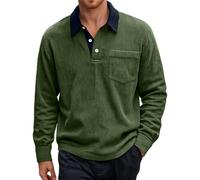 Generisch T-shirt à manches longues pour homme avec col rond Baggy Corduroy Polo avec boutons Rever T-shirt à manches longues Pull de sport en velours côtelé avec poche poitrine Pull de travail, Vert