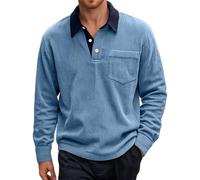 Generisch T-shirt à manches longues pour homme avec col rond Baggy Corduroy Polo avec boutons Rever T-shirt à manches longues Pull de sport en velours côtelé avec poche poitrine Pull de travail, bleu