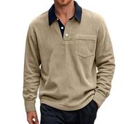 Generisch T-shirt à manches longues pour homme avec col rond Baggy Corduroy Polo avec boutons Rever T-shirt à manches longues Pull de sport en velours côtelé avec poche poitrine Pull de travail, kaki