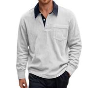Generisch T-shirt à manches longues pour homme avec col rond Baggy Corduroy Polo avec boutons Rever T-shirt à manches longues Pull de sport en velours côtelé avec poche poitrine Pull de travail, Blanc
