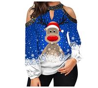 Generisch T-shirt de Noël Femme Noël Hors épaule Sweat-shirt Classique Imprimé Manches Longues Mode Hiver Pull Top Pull, bleu, L