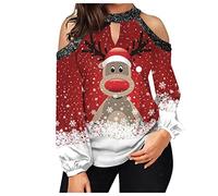 Generisch T-shirt de Noël Femme Noël Hors épaule Sweat-shirt Classique Imprimé Manches Longues Mode Hiver Pull Top Pull, rouge, 3XL