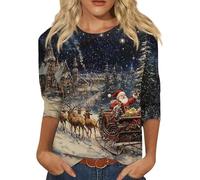 Generisch T-shirt de Noël pour femme avec imprimé nostalgique Père Noël traîneau - Haut festif à manches 3/4 avec paysage d'hiver - T-shirt artistique à manches longues pour les vacances, Style_i01