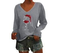 Generisch T-shirt de Noël pour femme - Rouge - Verre à vin - Manches longues - Col en V - Pull de Noël d'hiver - Chemise de Noël à manches longues - Pull de Noël vintage pour femme, O gris., M