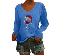 Generisch T-shirt de Noël pour femme - Rouge - Verre à vin - Manches longues - Col en V - Pull de Noël d'hiver - Chemise de Noël à manches longues - Pull de Noël vintage pour femme, O bleu., M