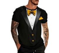 Generisch T-shirt d'été à manches courtes 3D pour homme, avec motif de smoking, nœud papillon, imprimé drôle, tendance, rétro, streetwear, coupe régulière, décontracté, haut de course, respirant, or