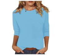 Generisch T-shirt d'été pour femme - Haut en coton - Manches 3/4 - Décontracté - Coupe ample - Col rond - Tunique solide - Trois quarts - Tenue de fête pour femme sexy, bleu clair, M