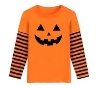 Generisch T-shirt d'Halloween à manches longues pour fille - Aspect superposé - Haut orange avec visage de citrouille et manches rayées - T-shirt de fête amusant pour l'automne