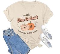 Generisch T-shirt Halloween Citrouille Visage Femme Chemise Citrouille Halloween Décontracté T-shirt de Sport pour Femmes et Hommes Col Rond Citrouille Imprimé, beige, M