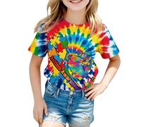 Generisch T-shirt pour enfant, avec imprimé batik, multicolore, à manches courtes avec dégradé de couleurs psychédéliques, pour filles et garçons, t-shirt de loisirs joyeux pour l'été et le quotidien