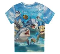 Generisch T-shirt pour enfant motif requin sous-marin avec col rond - T-shirt à manches courtes pour enfant avec motif scènes océaniques dans des tons bleus - T-shirt d'été décontracté pour enfants