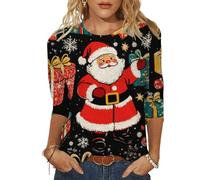 Generisch T-shirt pour femme 2026 avec inscription « Weihnachtsmuster », col rond, 3/4, Rouge, S