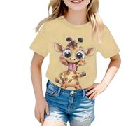 Generisch T-shirt pour fille au design joyeux avec un joli imprimé girafe - Haut à manches courtes avec motif animal - Joli t-shirt d'été pour la maternelle et les loisirs