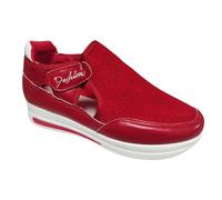 Generisch Talon large crochet confortable boucle respirante chaussures de loisirs plates en maille pour femme, rouge, 40 EU