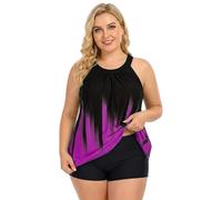 Generisch Tankini pour femme - Grandes tailles - 2 pièces - Maillot de bain grande taille - Sans manches - Dégradé de couleur - Imprimé ombré - Short froncé - Short de bain pour garçon - Ventre