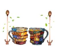 Generisch Tasse de livre peinte, tasse de livre peinte, tasse de baie nouvelle tasse à café avec livre d'images 3D, tasse à café en acier inoxydable avec cuillère en forme de chat, un cadeau de