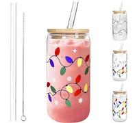 Generisch Tasse de Noël changeante de couleur, tasse en verre à changement de couleur de Noël avec couvercles et pailles, tasses à café en verre réutilisables pour café glacé, eau froide, thé, cadeaux