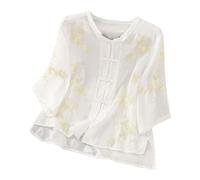 Generisch Tempérament féminin, haut brodé en lin, manches mi-longues, bouton disque rétro chemise en lin, beige, M