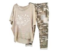 Generisch Tenue 2 pièces pour femme en mélange de coton et lin avec col rond pour les activités de voyage, les moments de plage, comme survêtement confortable en grandes tailles avec coupe ample, kaki