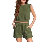 Generisch Tenue 2 pièces pour fille, débardeur sans manches à col rond et short avec, ensembles de shorts décontractés salopette bébé 86, vert, 11-12 ans