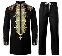 Generisch Tenue africaine pour homme Middle East Thobe avec pantalon Ensemble africain 2 pièces Dashiki et pantalon Coupe normale Robe Dubaï Arab Caftan Vêtements Costume traditionnel, O Noir., M