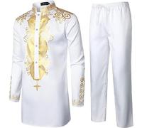 Generisch Tenue africaine pour homme Middle East Thobe avec pantalon Ensemble africain 2 pièces Dashiki et pantalon Coupe normale Robe Dubaï Arab Caftan Vêtements Costume traditionnel, O blanc., M