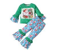 Generisch Tenue de fête de Noël pour fille, deux pièces, haut imprimé Père Noël, bonhomme de neige, pantalon d'hiver, manches évasées, garde-robe festive, vert, 5-6 ans
