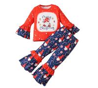 Generisch Tenue de fête de Noël pour fille, deux pièces, haut imprimé Père Noël, bonhomme de neige, pantalon d'hiver, manches évasées, garde-robe festive, rouge, 3-4 ans