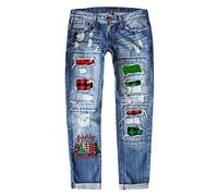 Generisch Tenue de Nouvel An pour femme - Jean de Noël d'hiver pour femme avec trou imprimé, pantalon épais, rouge, M