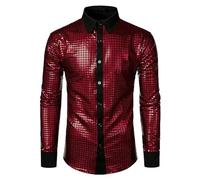 Generisch Tenue des années 70 et 80 - Pour homme - À paillettes - Pour fête disco - Métallique - Paillettes - Chemise de loisirs brillante - Carnaval - Danse - En métal - Manches longues, rouge, XXL