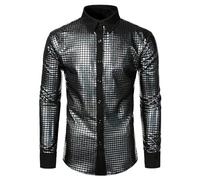 Generisch Tenue des années 70 et 80 - Pour homme - À paillettes - Pour fête disco - Métallique - Paillettes - Chemise de loisirs brillante - Carnaval - Danse - En métal - Manches longues, Noir , XXL