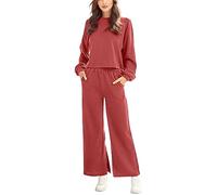 Generisch Tenue d'été 2 pièces pour femme avec haut basique sans ventre et pantalon large raccourci pour un look décontracté tendance, Rouge pastèque, S