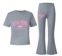 Generisch Tenue d'été décontractée pour fille : haut à manches courtes avec imprimé lettre et pantalon évasé - Ensemble deux pièces tendance pour les tout-petits et les adolescents, gris, 11-12 ans