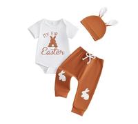 Generisch Tenue d'été pour bébé garçon avec motif lapin de Pâques 2026 : barboteuse à manches courtes, pantalon, bonnet, tenue décontractée en trois pièces, Blanc., 9-12 mois
