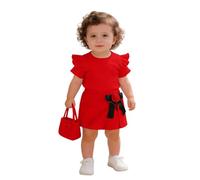 Generisch Tenue d'été pour fille avec t-shirt côtelé à manches courtes, jupe fleurie ou short avec poche pour tout-petits, rouge, 6-9 mois