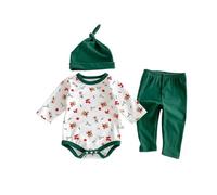 Generisch Tenue d'hiver pour bébé avec imprimé rennes festif - Body à manches longues - Pantalon - Bonnet - Ensemble de 3 pièces pour les tout-petits pendant la période de Noël, vert, 3-6 mois