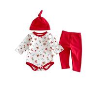 Generisch Tenue d'hiver pour bébé avec imprimé rennes festif - Body à manches longues - Pantalon - Bonnet - Ensemble de 3 pièces pour les tout-petits pendant la période de Noël, rouge, 9-12 mois