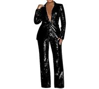 Generisch Tenue d'intérieur à paillettes pour femme - Blazer d'affaires - Long 2 pièces - Décontracté - Manches longues - Élégant - Couleur unie - Veste et pantalon - Tenue sexy et festive - Avec
