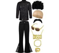 Generisch Tenue disco pour homme 9 pièces - Costume disco des années 70 - Ensemble perruque haut pantalon lunettes barbe collier à capuche bracelet bague manches longues paillettes costume de carnaval