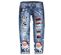 Generisch Tenue du Nouvel An Femme Arbre de Noël Imprimé Treillis Patchwork Stretch Pantalon Déchiré avec Trou de Taille Moyenne Pantalon en Jean Délavé Délavé de Noël Patch Imprimé Pantalon Denim