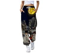 Generisch Tenue du Nouvel An Femme Décontractée Noël Pantalon de Jogging Élastique Chaîne de Dessin Bonhommes de neige Taille haute, jaune, L