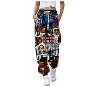 Generisch Tenue du Nouvel An Femme Décontractée Noël Pantalon de Jogging Élastique Chaîne de Dessin Bonhommes de neige Taille haute, bleu, L
