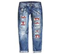 Generisch Tenue du Nouvel An pour femme - Legging de Noël imprimé Père Noël - Pantalon déchiré - Trou central - Pantalon en jean délavé - Patch de Noël imprimé - Pantalon en denim, rouge, M