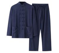 Generisch Tenue traditionnelle en lin avec col montant, manches longues et boutons grenouille pour les loisirs, Marine, M