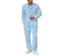 Generisch Tenues en lin pour homme - Couleur unie - Jogging en coton et lin - Décontracté - 2 pièces - Chemise d'été et pantalon long - Combinaison de loisirs - Ensemble d'entraînement en lin, bleu, L