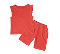 Generisch Tenues pour adolescents, enfants, filles, enfants, sans manches, t-shirt uni, haut pour fille, volants, gilet, short, ensemble imprimé bébé, rouge, 9-10 ans