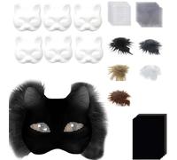 Generisch Therian Mask Kit de bricolage, masque thérien en papier à faire soi-même, avec fausse fourrure, filet pour les yeux et chiffon en feutre, demi-visage vide pour le bricolage pour Halloween